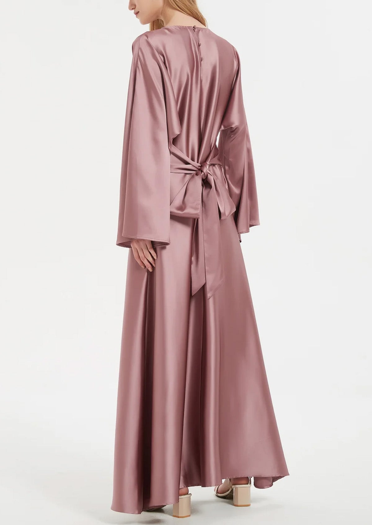 Solid Color Slightly Flared Sleeve Satin Elegant Abaya Maxi Dress for Women