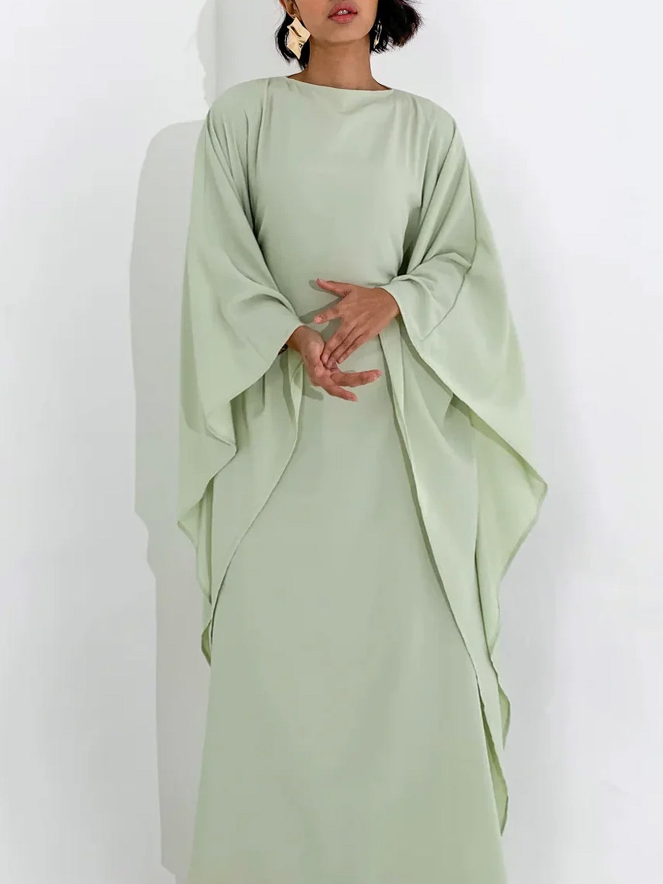 Elegant Satin-Textured High-Shine Abaya Maxi Dress for Women-Green
