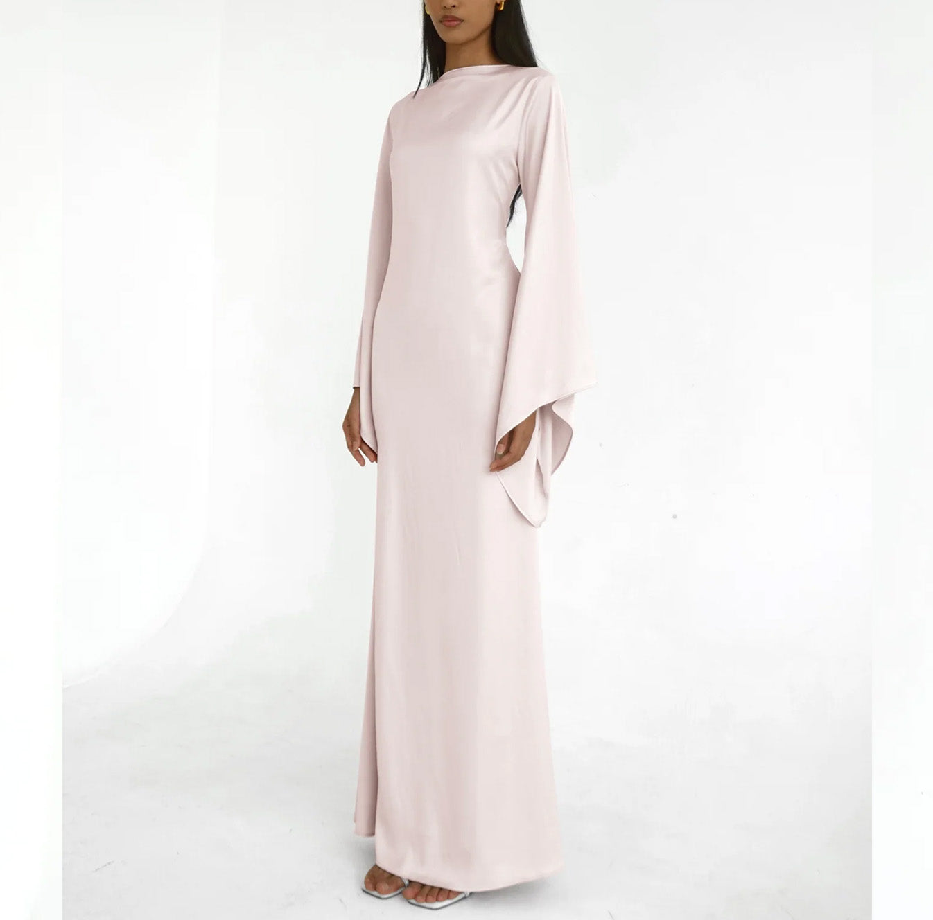 Solid Color Off-the-Shoulder Asymmetric Statement Sleeve Elegant Abaya Maxi Dress for Women-Light Pink