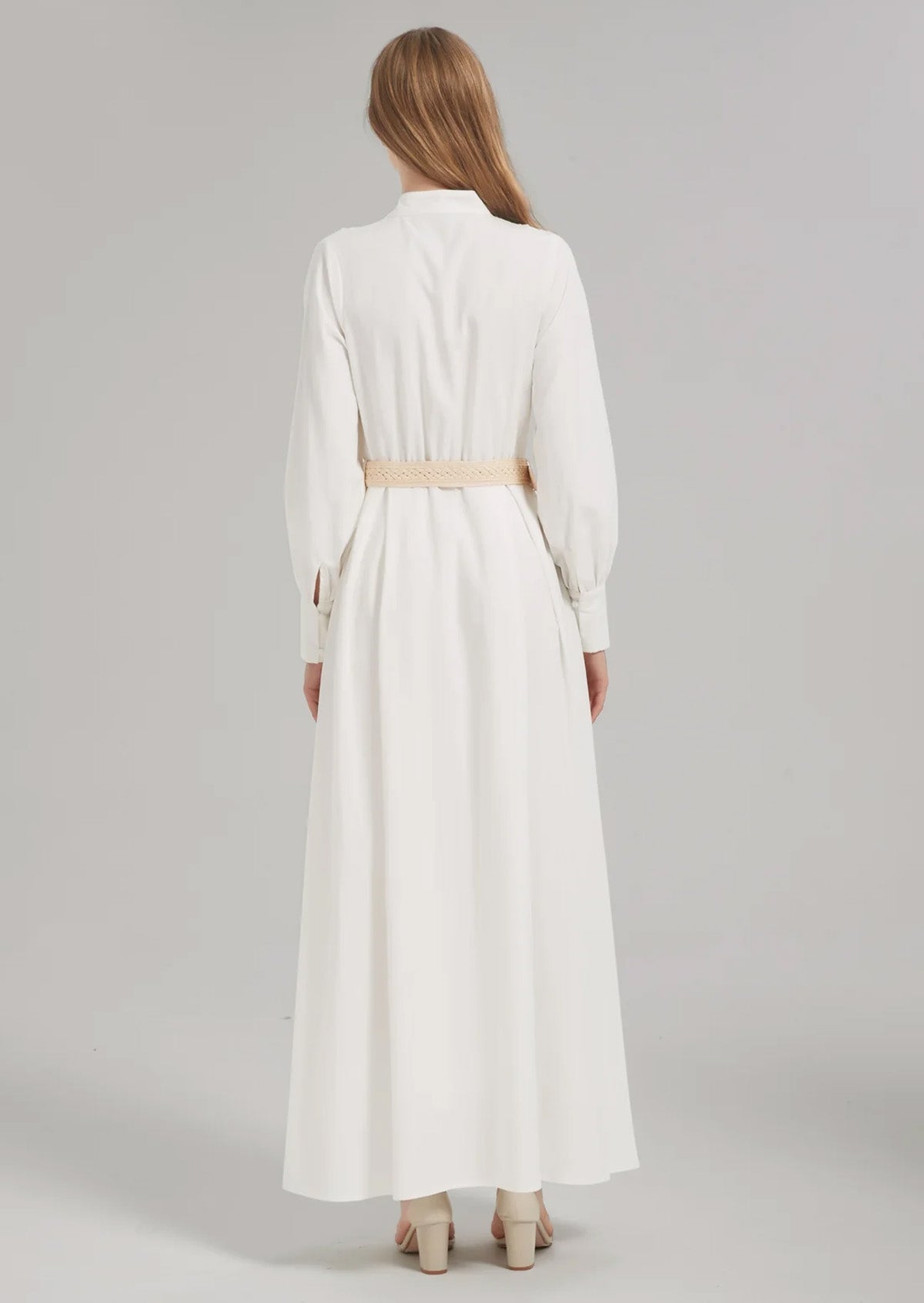 Stand Collar Front Half-Open Placket with Belt Abaya Maxi Dress