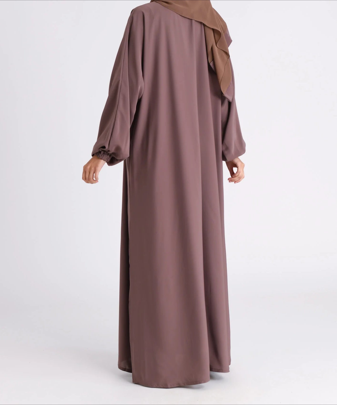 Classic Solid Open Abaya with Shrinking Cuffs - Brown