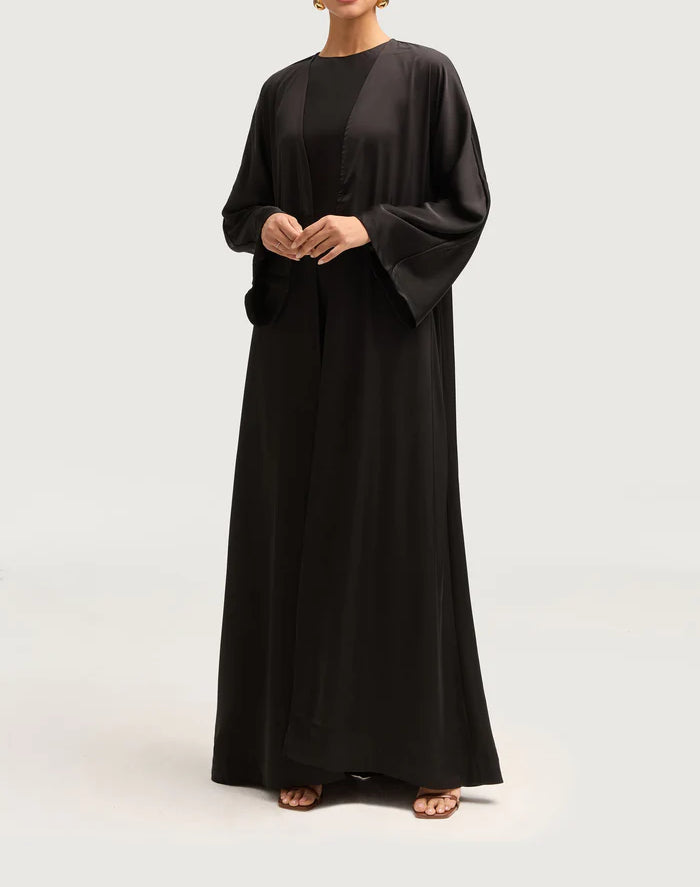 Sophia Heavy Satin Open Abaya Robe - Night Black