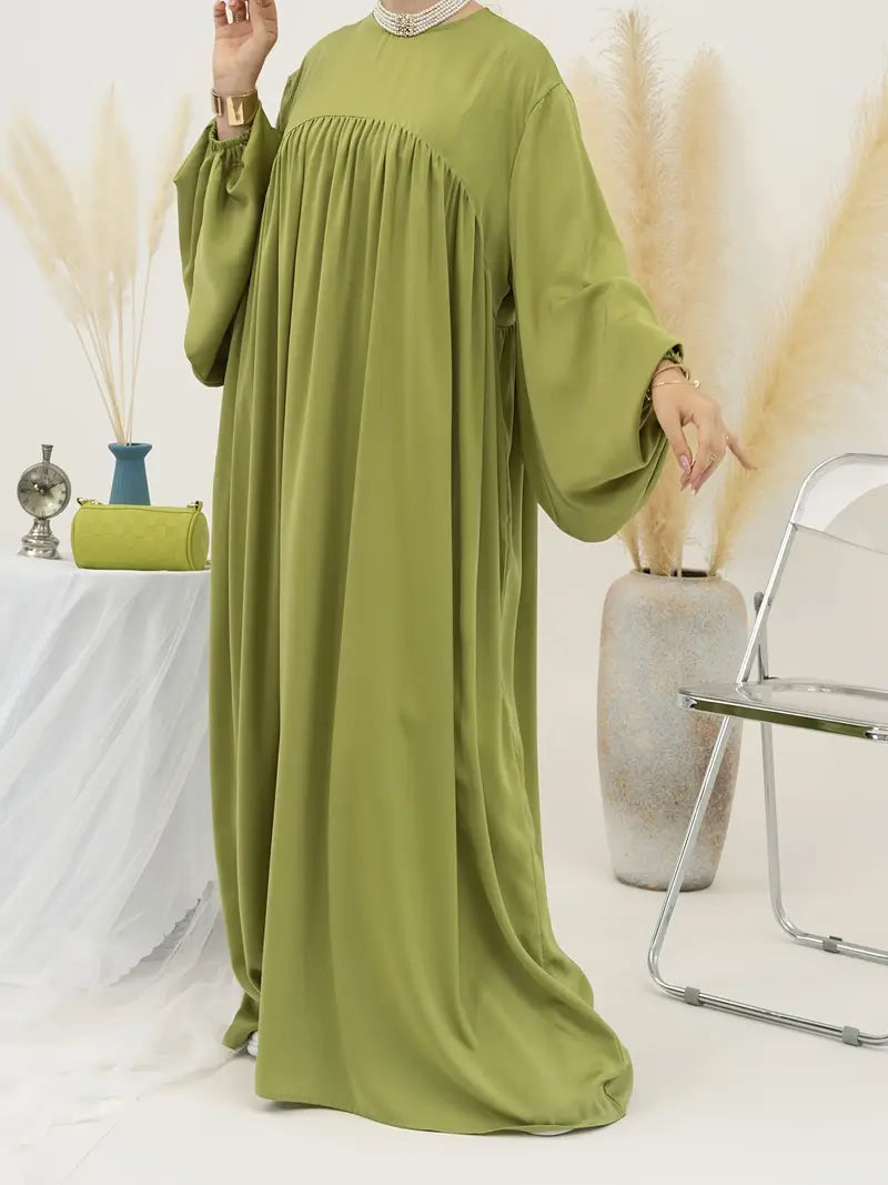 Eternal Blossom Satin Abaya Dress - Olive Green