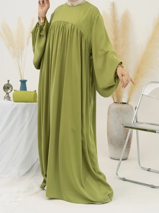 Eternal Blossom Satin Abaya Dress - Olive Green