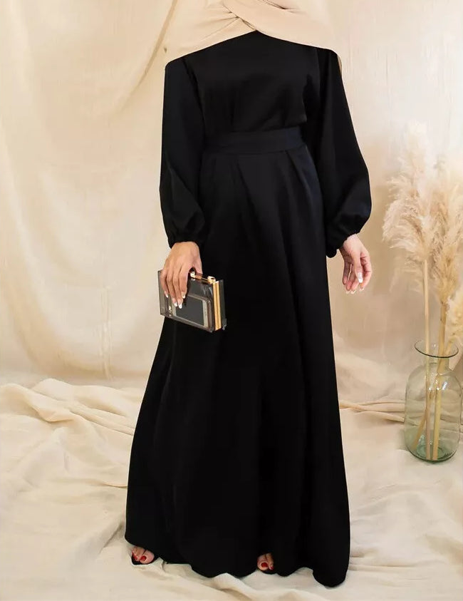 Zeenat Solid Satin Abaya Dress - Night Black