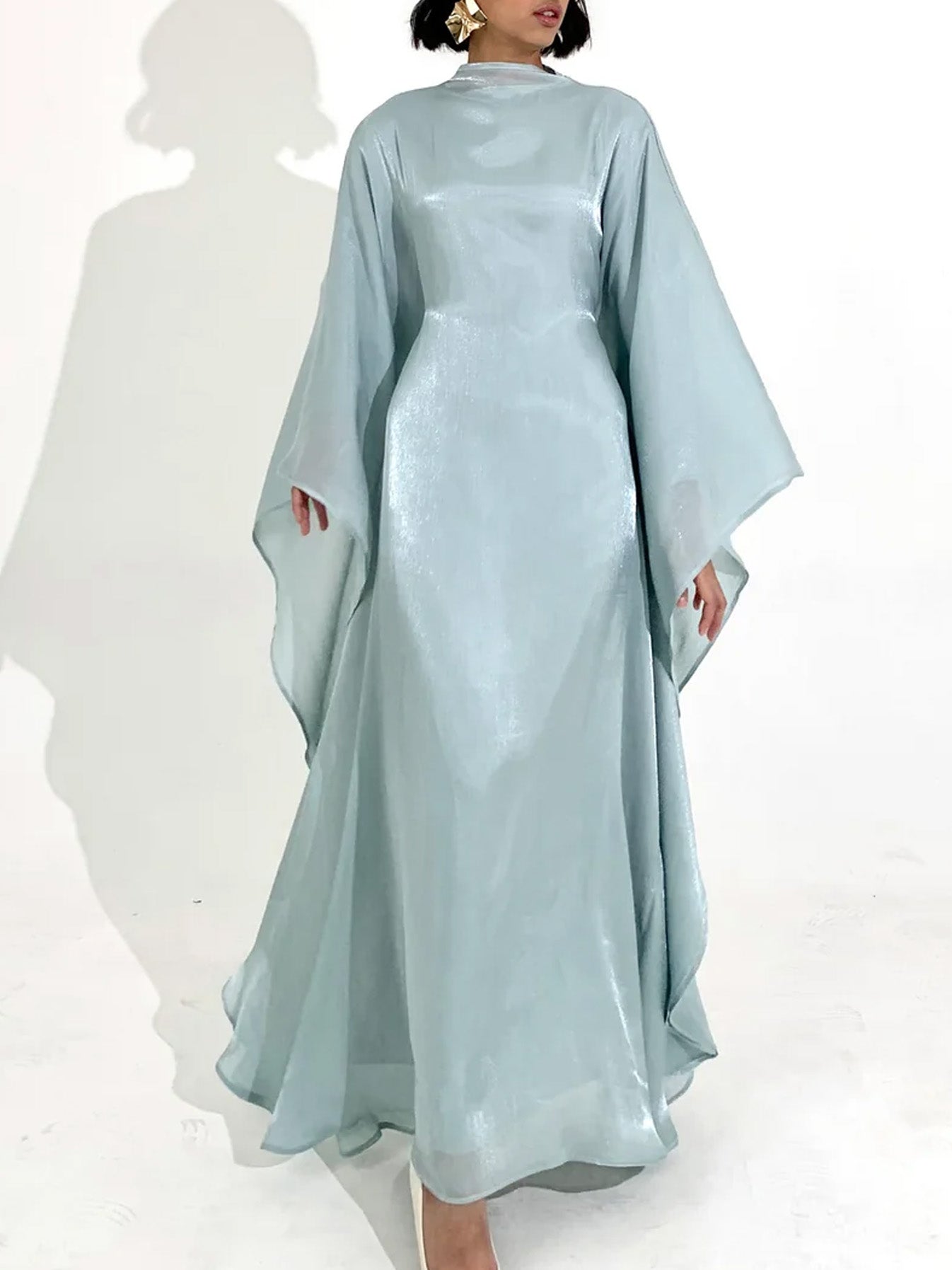 Elegant Satin-Textured High-Shine Abaya Maxi Dress for Women-Blue