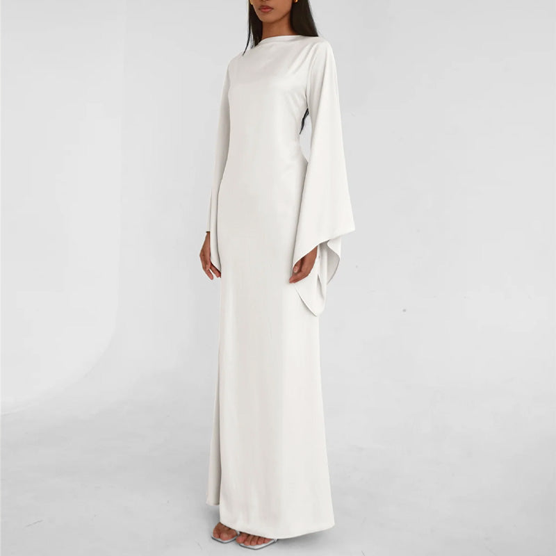 Solid Color Off-the-Shoulder Asymmetric Statement Sleeve Elegant Abaya Maxi Dress for Women-White