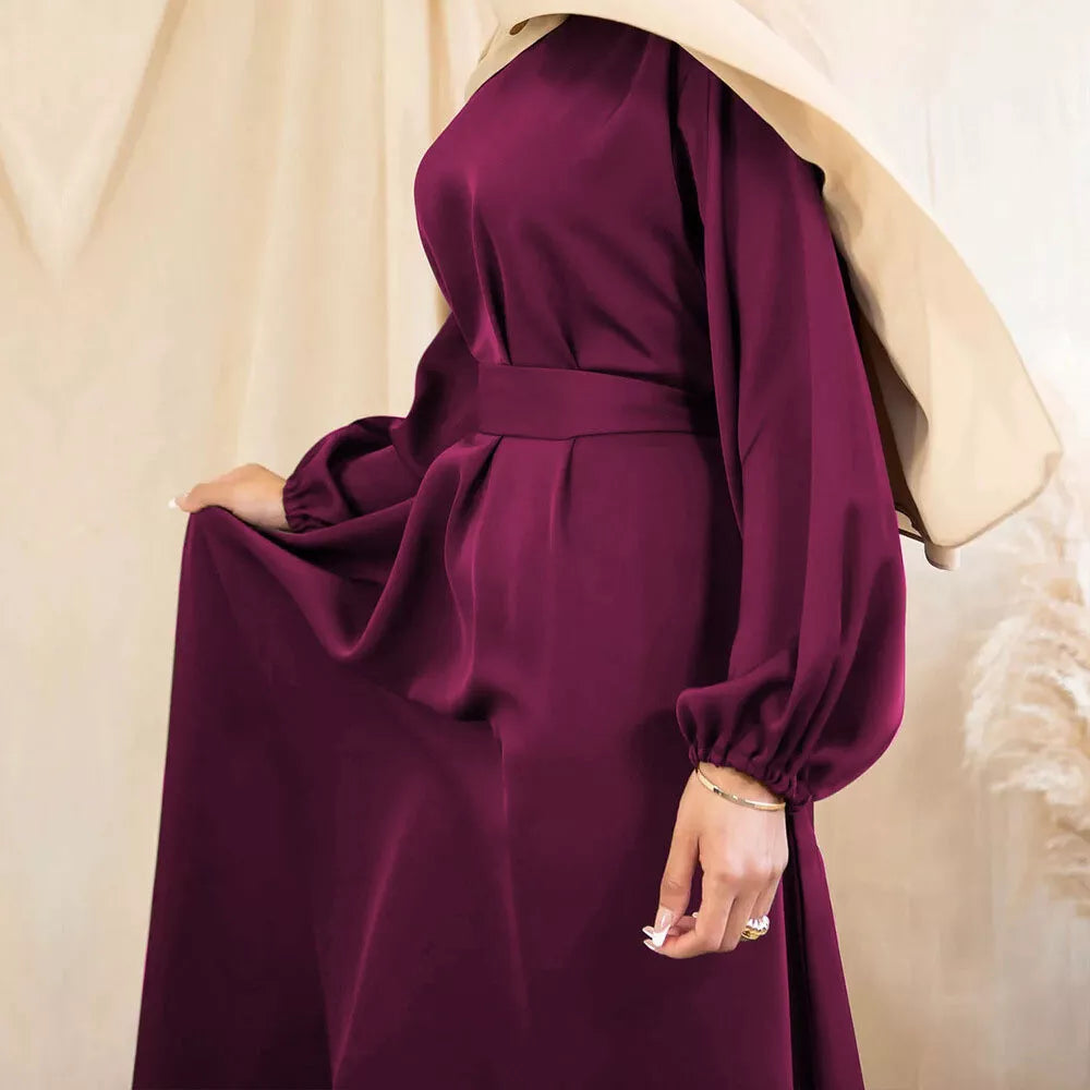 Zeenat Solid Satin Abaya Dress - Maroon