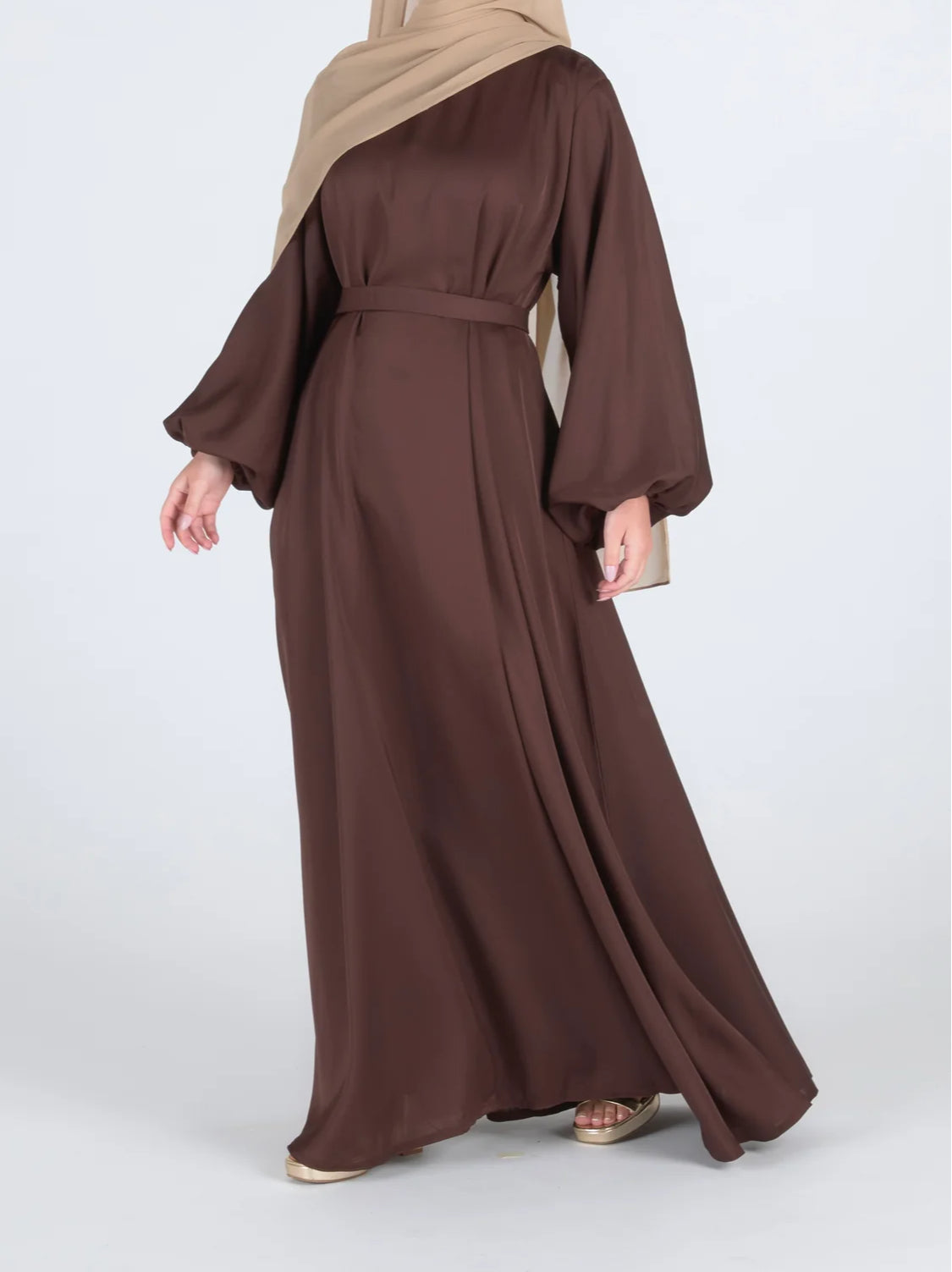 Zeenat Solid Satin Abaya Dress - Chocolate