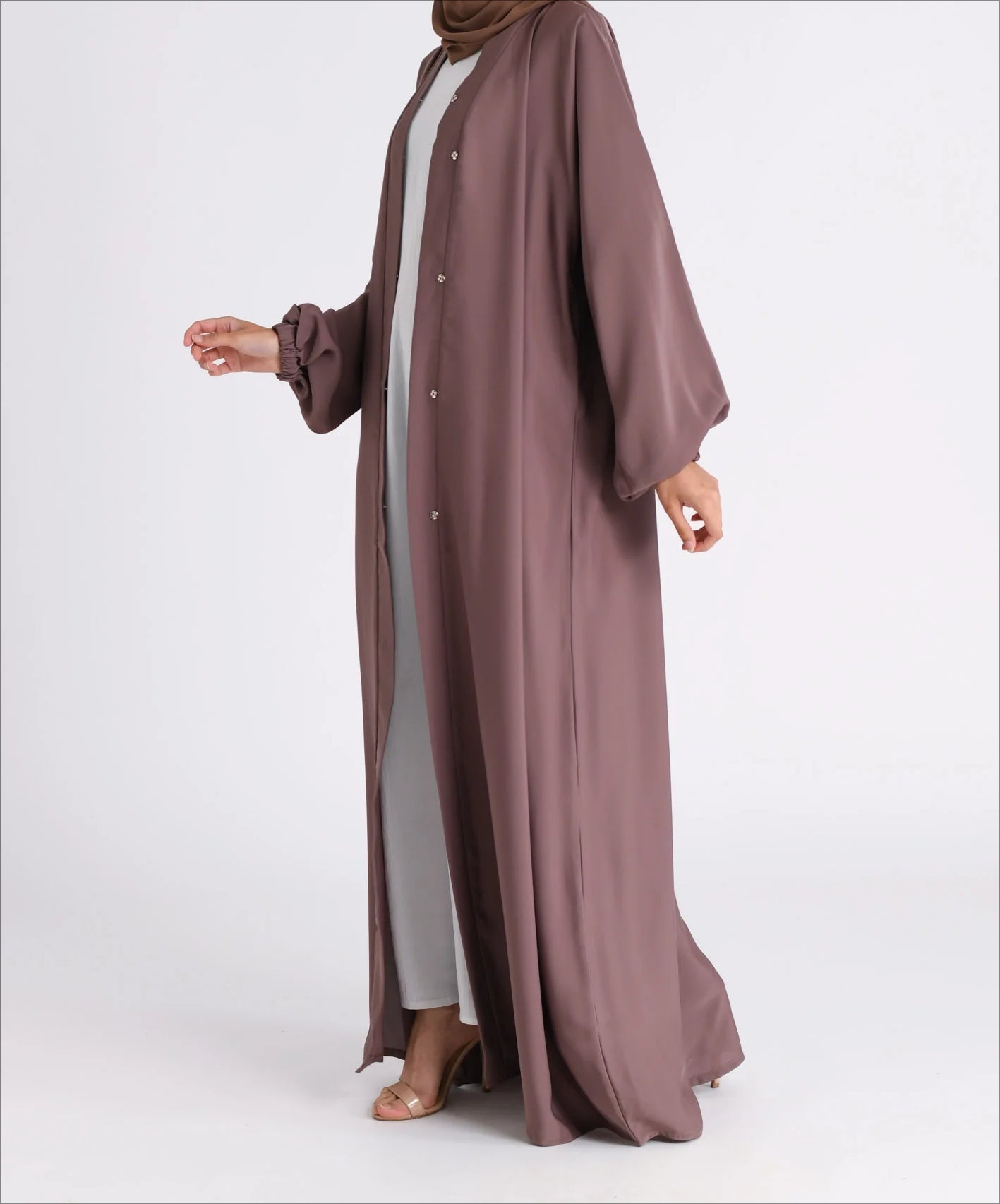 Classic Solid Open Abaya with Shrinking Cuffs - Brown