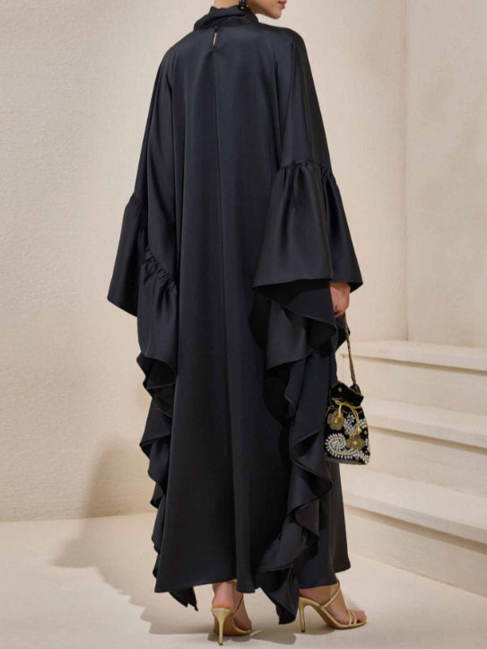 Tie Bow Big Ruffles Satin Kaftan - Night Black