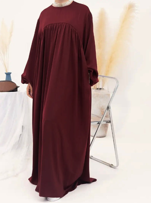Eternal Blossom Satin Abaya Dress - Maroon