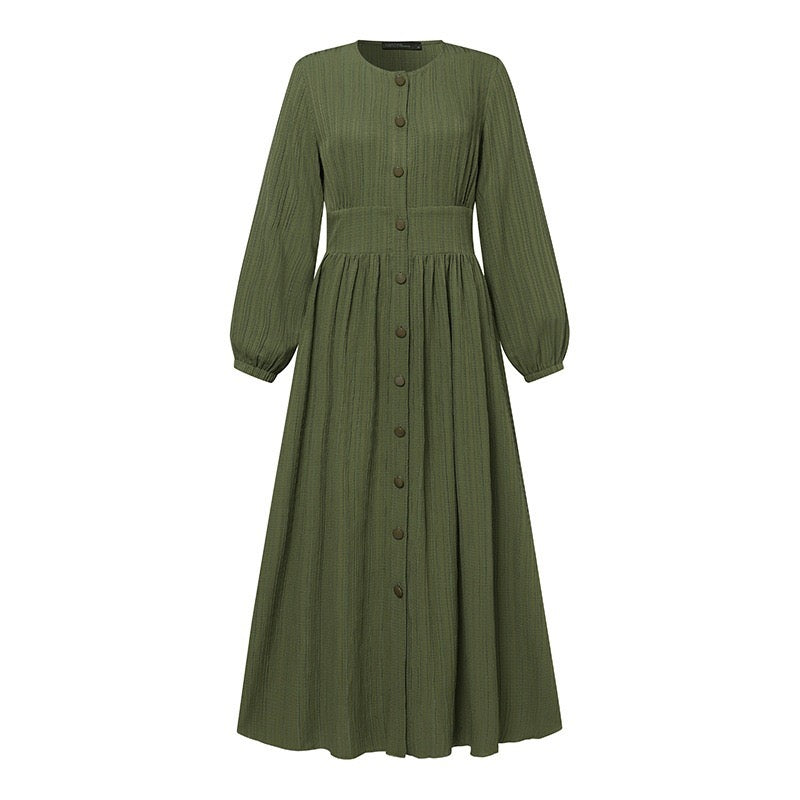 Women's Vintage Long-Sleeve Plain Modest Dress - Olive