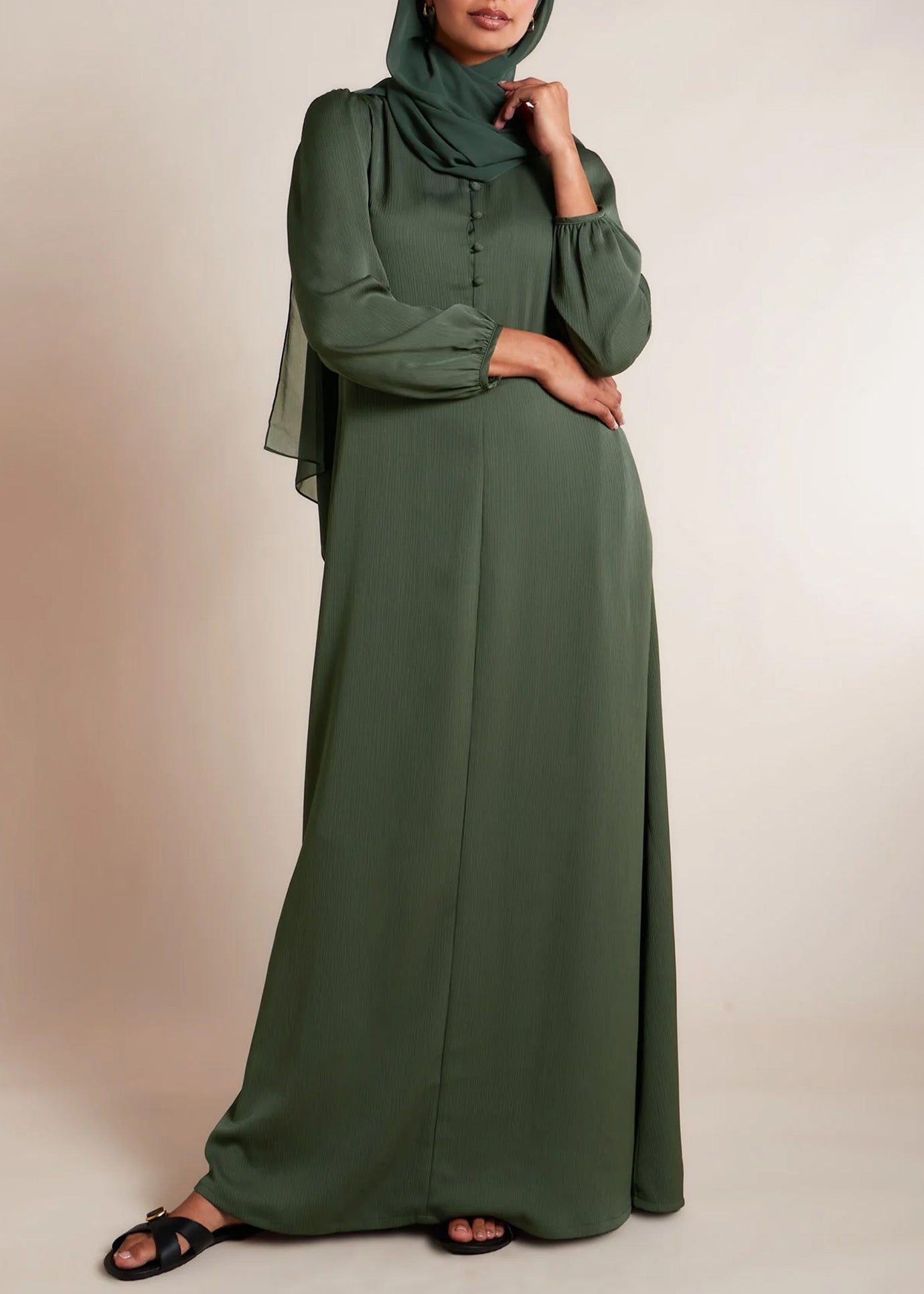 Small Stand Collar Front Single-Row Button Casual Abaya Maxi Dress for Women-Military Green