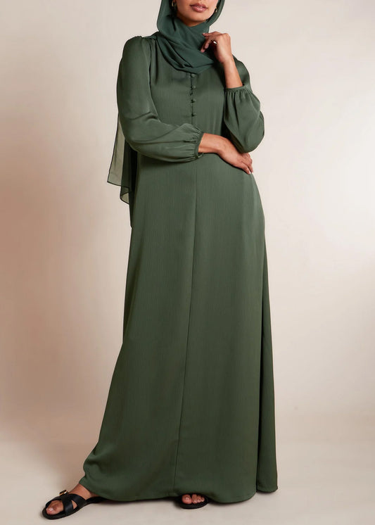 Small Stand Collar Front Single-Row Button Casual Abaya Maxi Dress for Women-Military Green