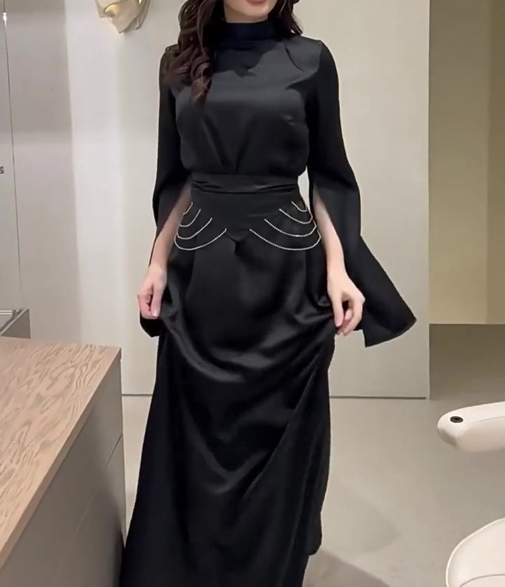 Satin Diamante Chain Waistband Sleeve Split Maxi Dresses
