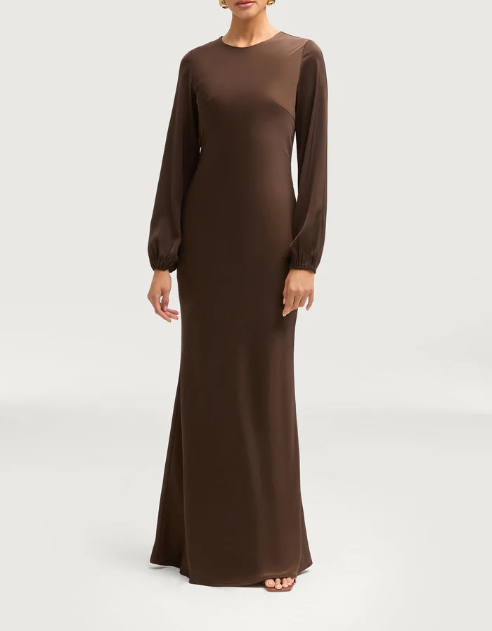 Sophia Heavy Satin Maxi Abaya Dress - Charming Coffee