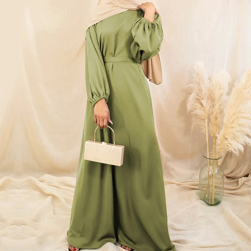 Zeenat Solid Satin Abaya Dress - Grass