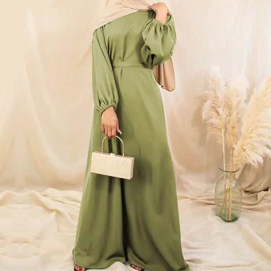 Zeenat Solid Satin Abaya Dress - Grass