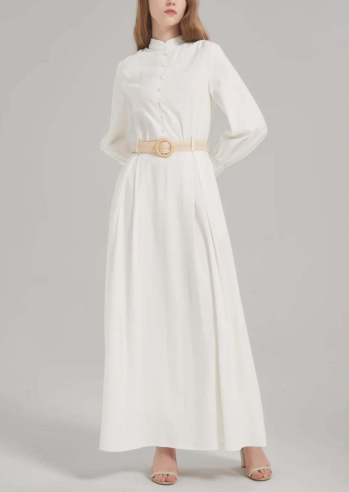 Stand Collar Front Half-Open Placket with Belt Abaya Maxi Dress