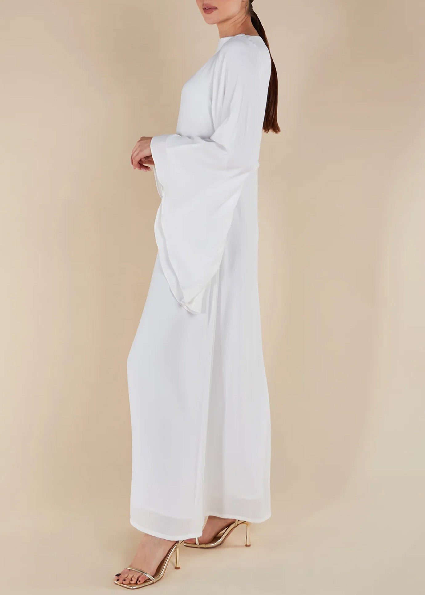 One-line Collar Wide Bell Sleeve Solid Color Abaya Maxi Dress for Muslim Women-White