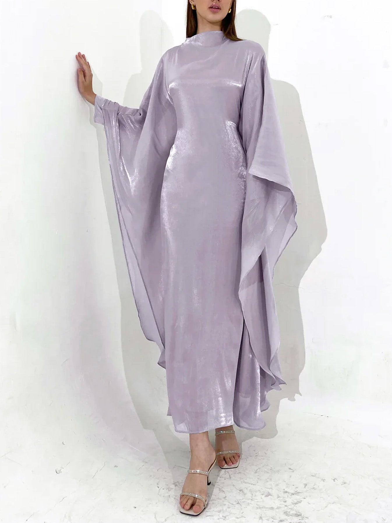 Elegant Satin-Textured High-Shine Abaya Maxi Dress for Women-Purple