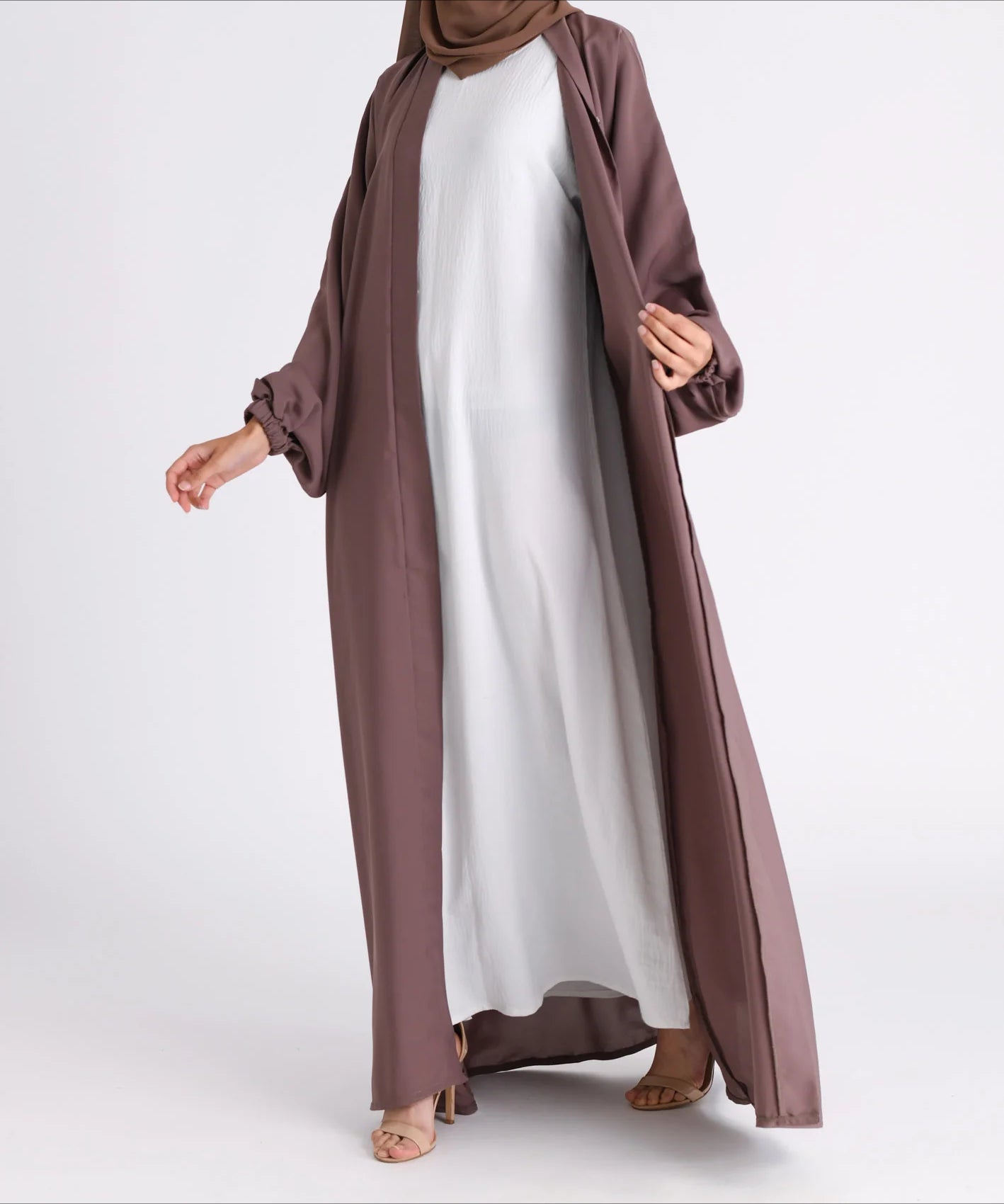 Classic Solid Open Abaya with Shrinking Cuffs - Brown