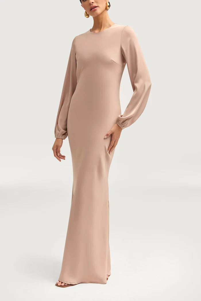 Sophia Heavy Satin Maxi Abaya Dress - Natural Nude