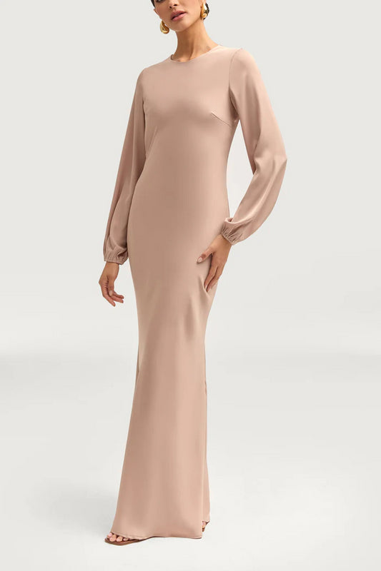 Sophia Heavy Satin Maxi Abaya Dress - Natural Nude