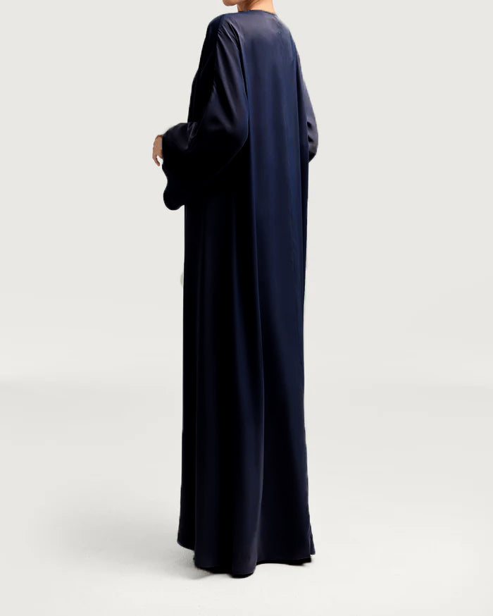 Sophia Heavy Satin Open Abaya Robe - Deep Navy