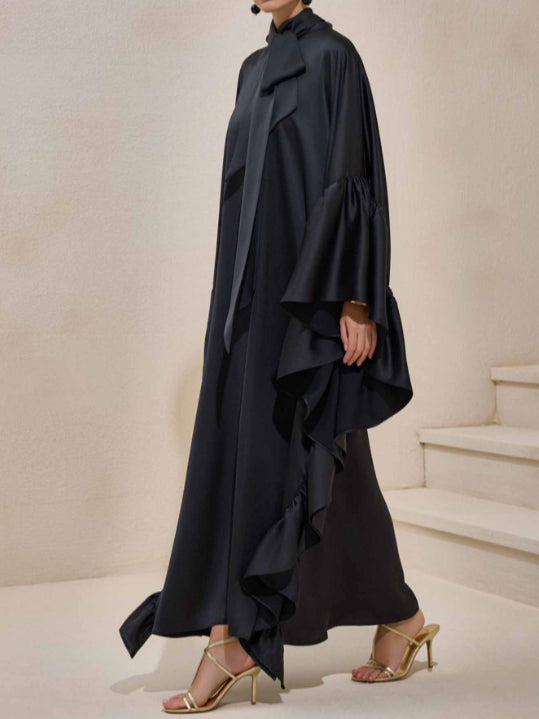 Tie Bow Big Ruffles Satin Kaftan - Night Black