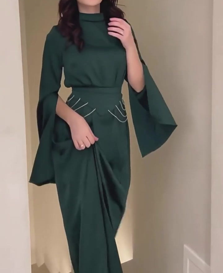 Satin Diamante Chain Waistband Sleeve Split Maxi Dresses