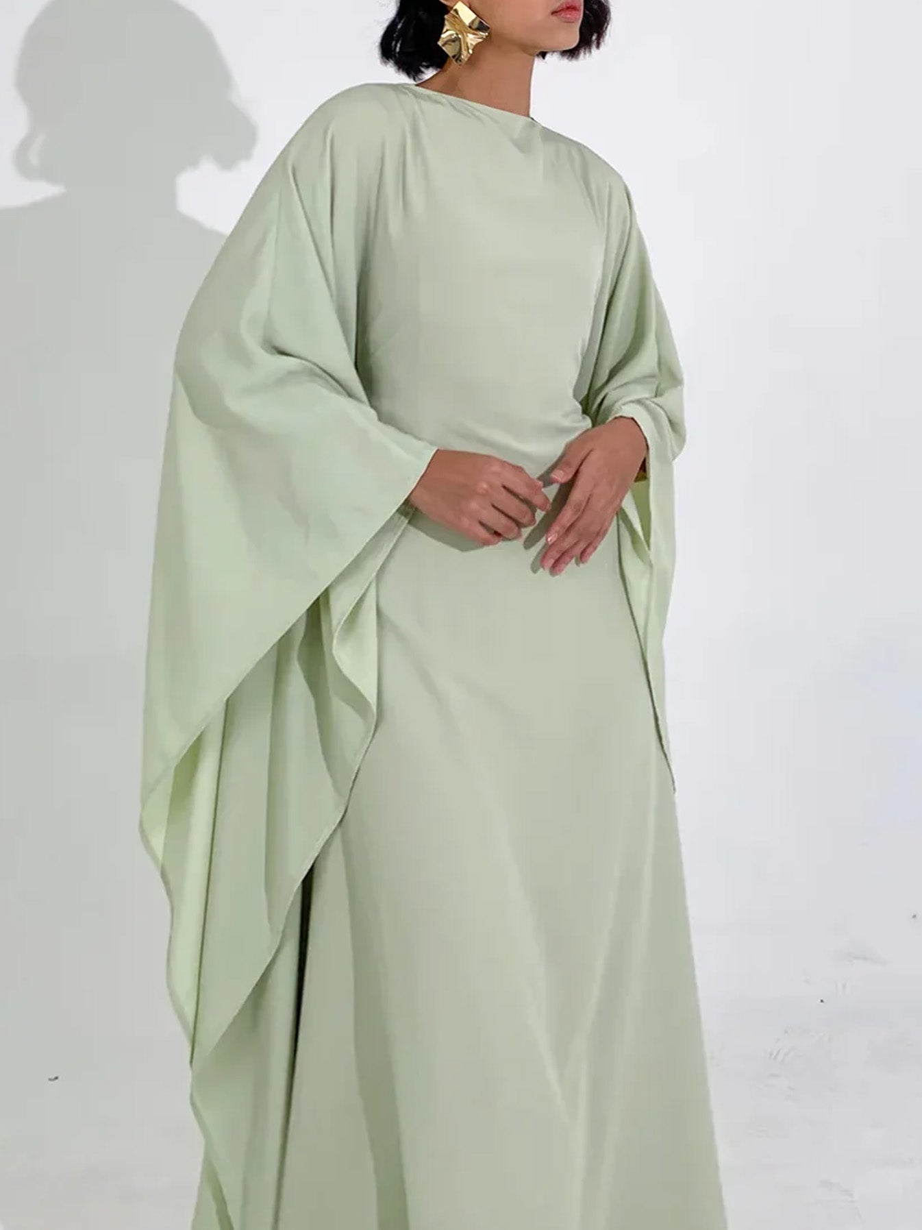 Elegant Satin-Textured High-Shine Abaya Maxi Dress for Women-Green