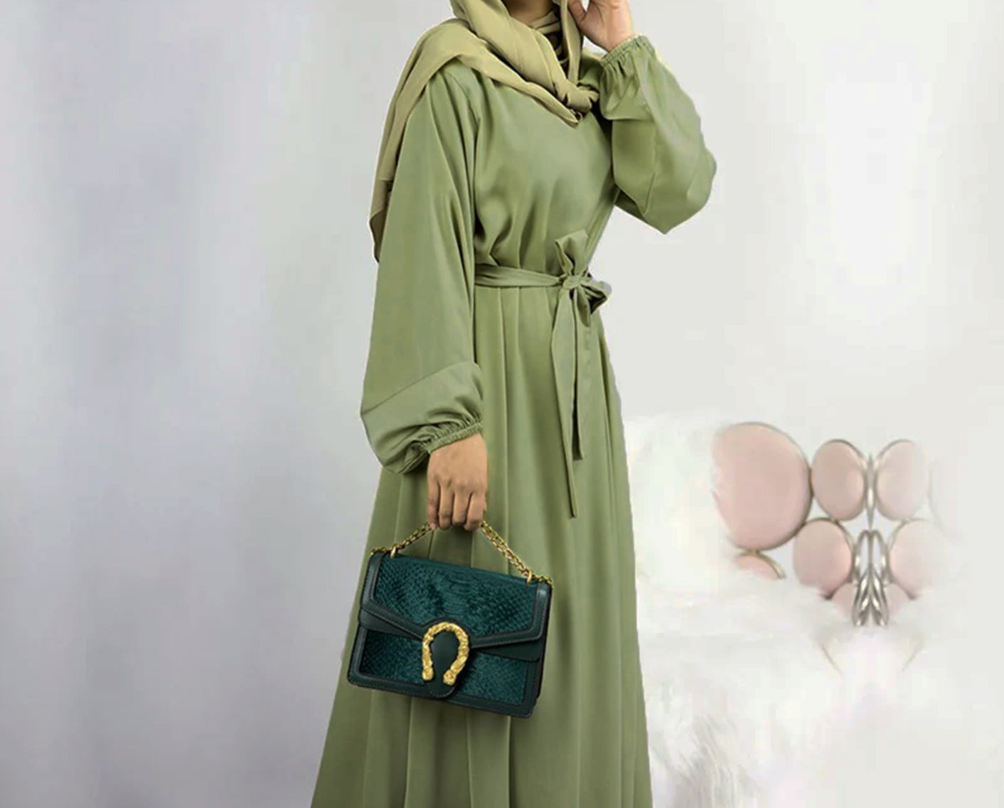 Zeenat Solid Satin Abaya Dress - Grass