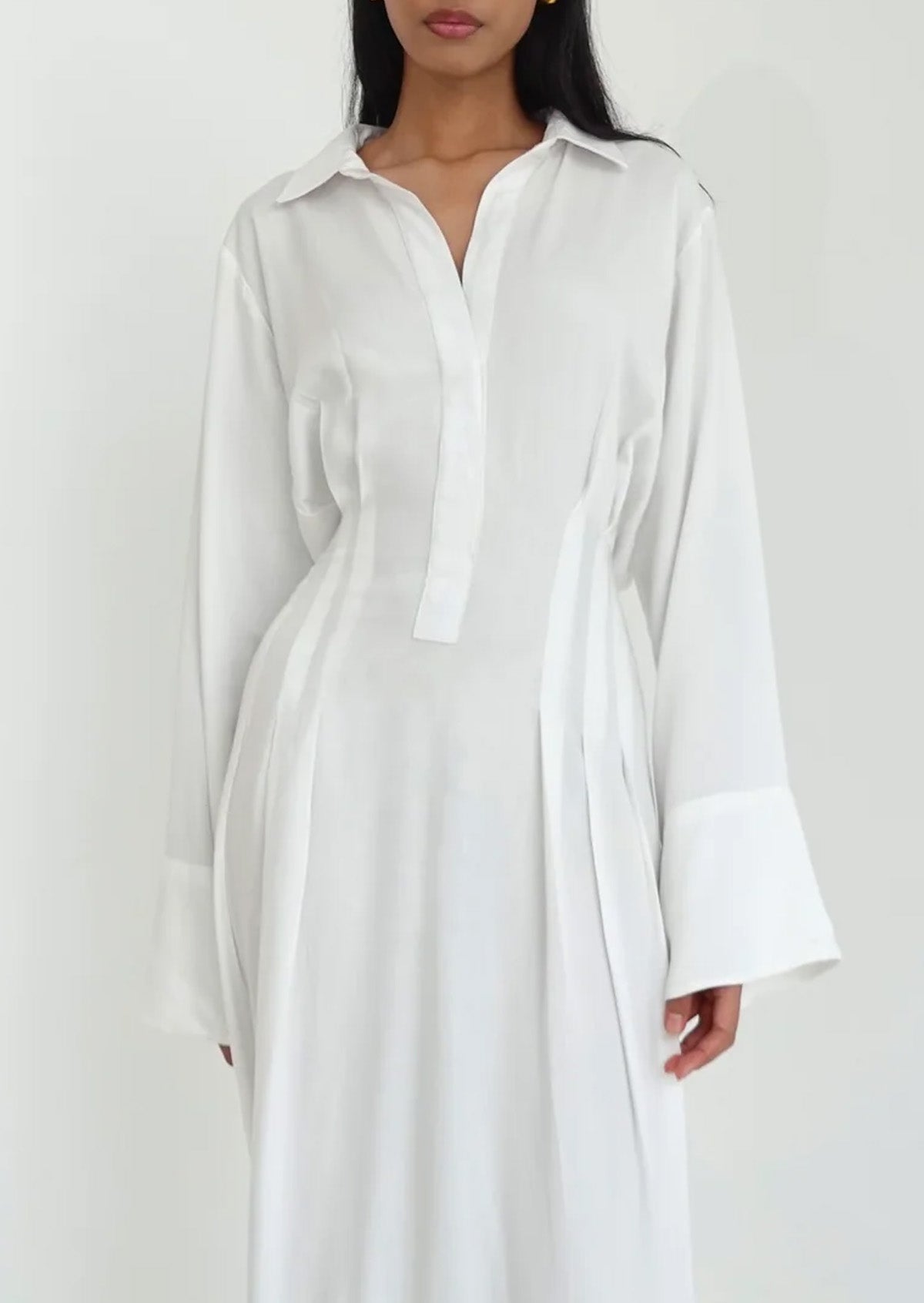 High-End Pure White Lapel Front Half-Placket Design Abaya Maxi Dress for Women