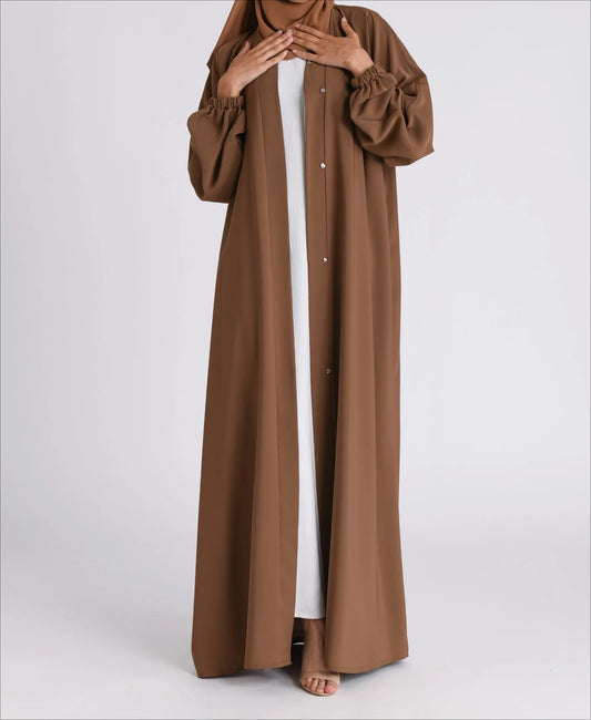 Classic Solid Open Abaya with Shrinking Cuffs - Toffee