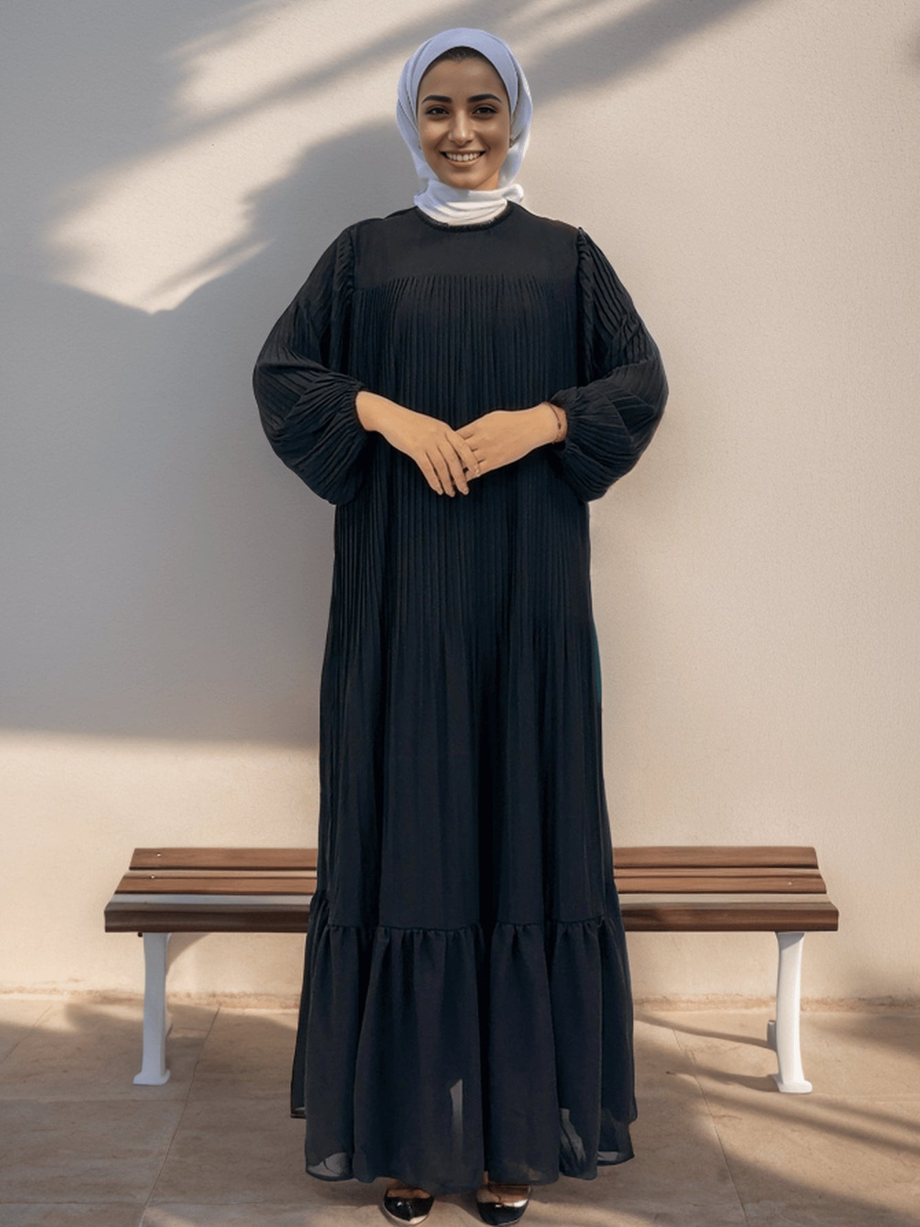 Muslim Pleated Abaya Dress - Black