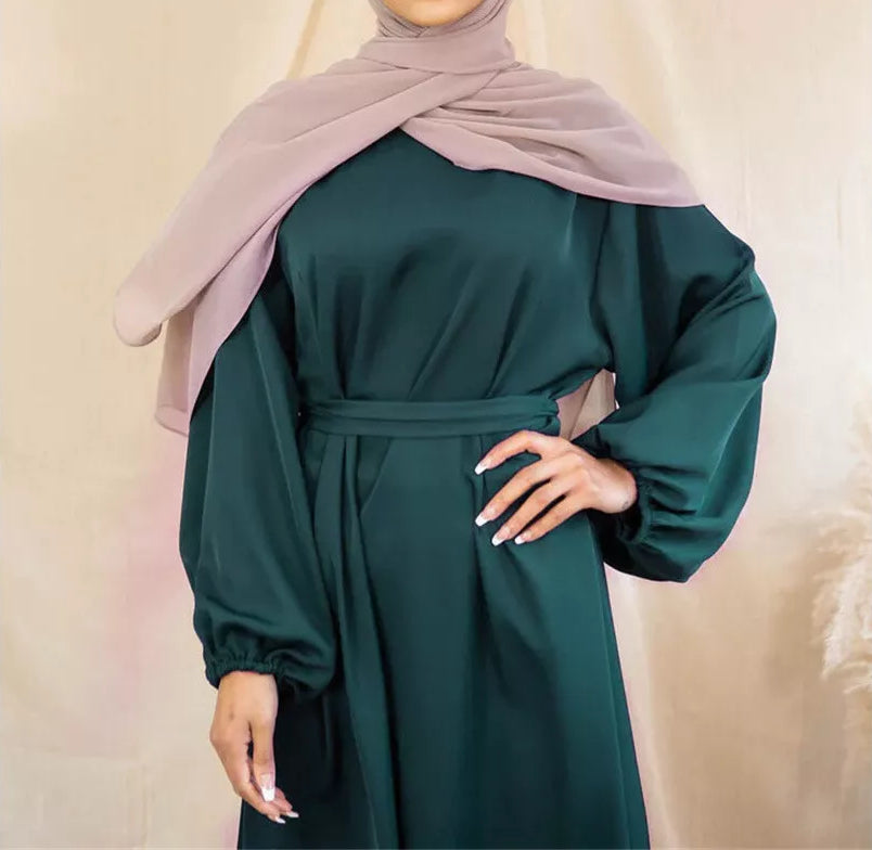 Zeenat Solid Satin Abaya Dress - Moss Green