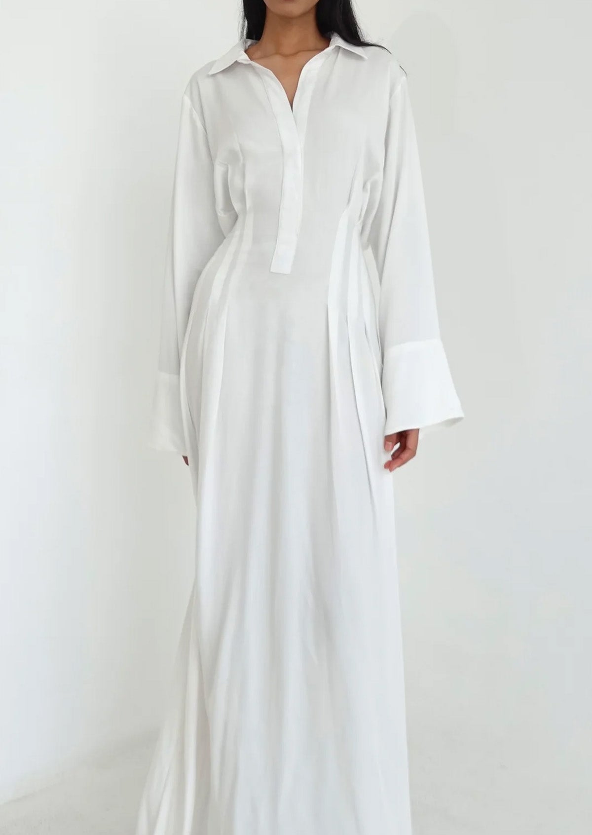 High-End Pure White Lapel Front Half-Placket Design Abaya Maxi Dress for Women