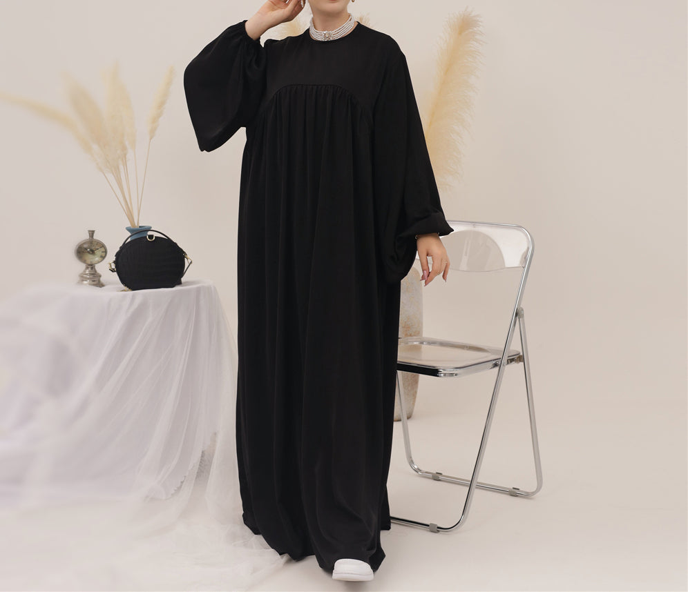 Eternal Blossom Satin Abaya Dress - Shiny Black