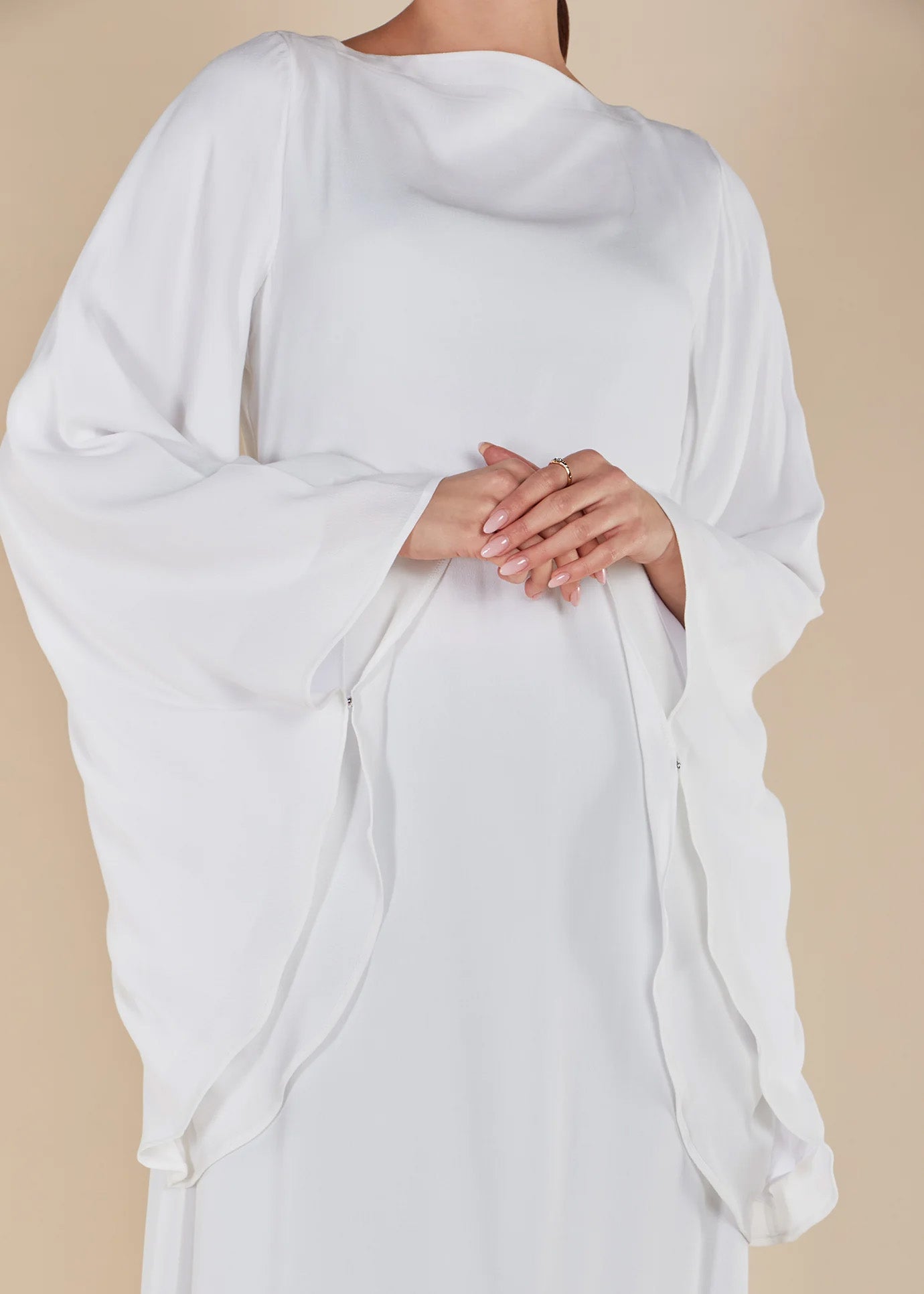 One-line Collar Wide Bell Sleeve Solid Color Abaya Maxi Dress for Muslim Women-White