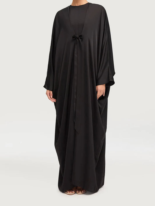 Mahina Tie Bow Satin Kaftan - Black
