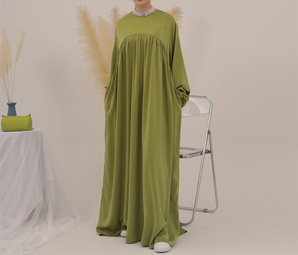 Eternal Blossom Satin Abaya Dress - Olive Green