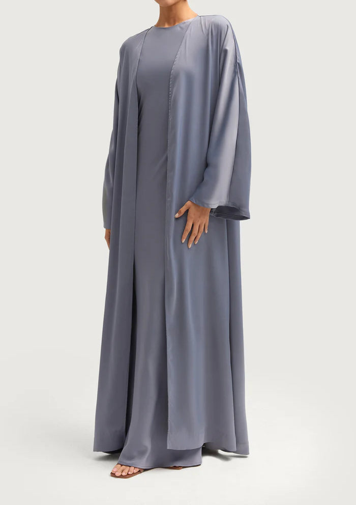 Sophia Heavy Satin Open Abaya Robe - Misty Blue
