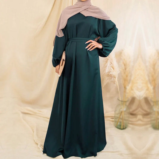 Zeenat Solid Satin Abaya Dress - Moss Green