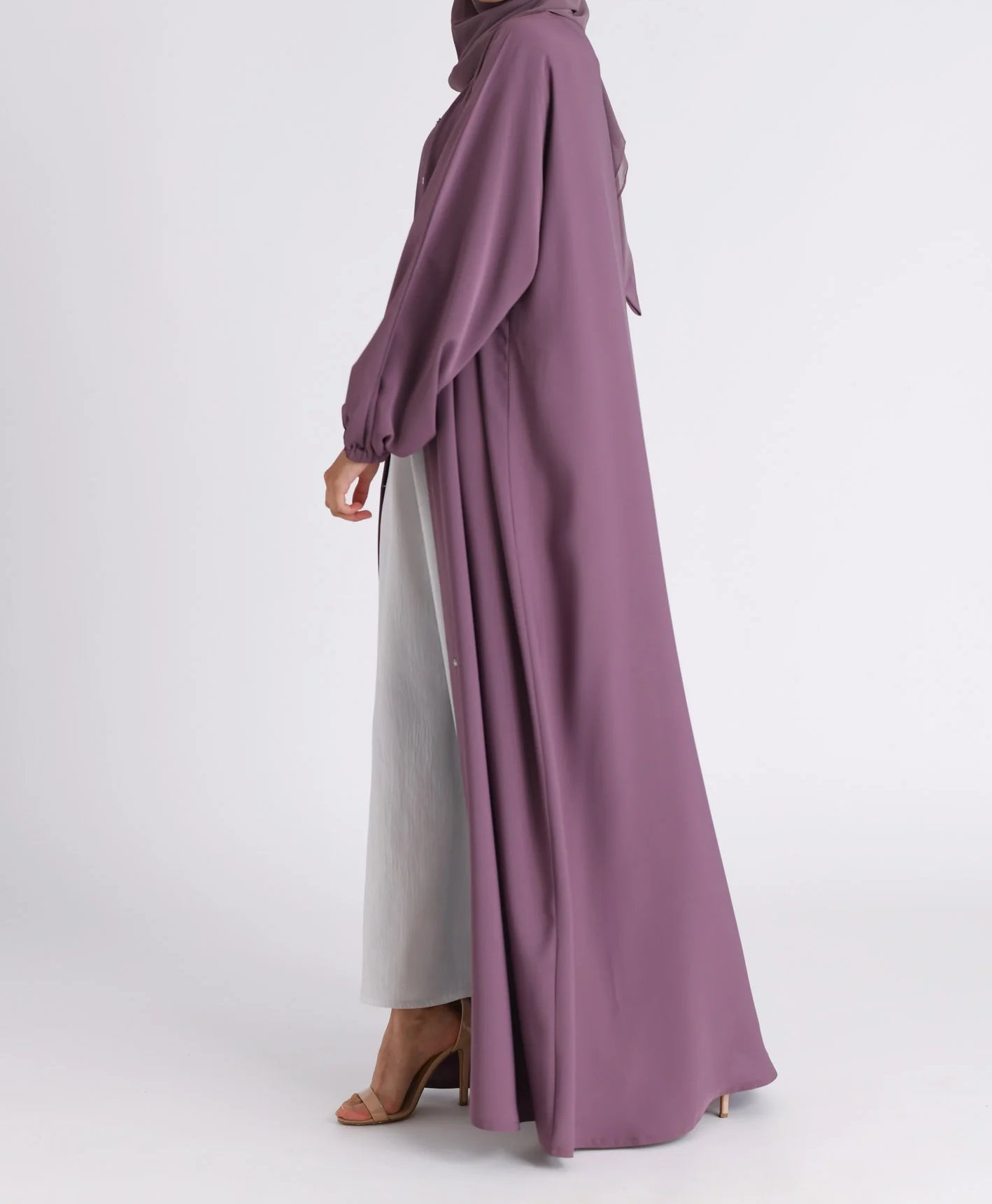 Classic Solid Open Abaya with Shrinking Cuffs - Purple