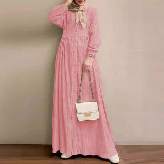Women's Vintage Long-Sleeve Plain Modest Dress - Peach