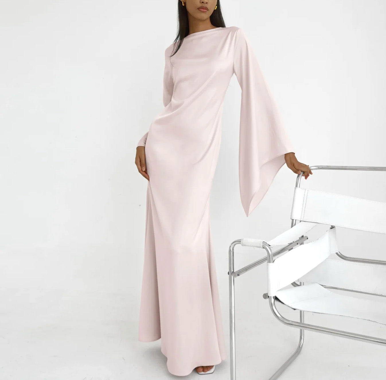 Solid Color Off-the-Shoulder Asymmetric Statement Sleeve Elegant Abaya Maxi Dress for Women-Light Pink