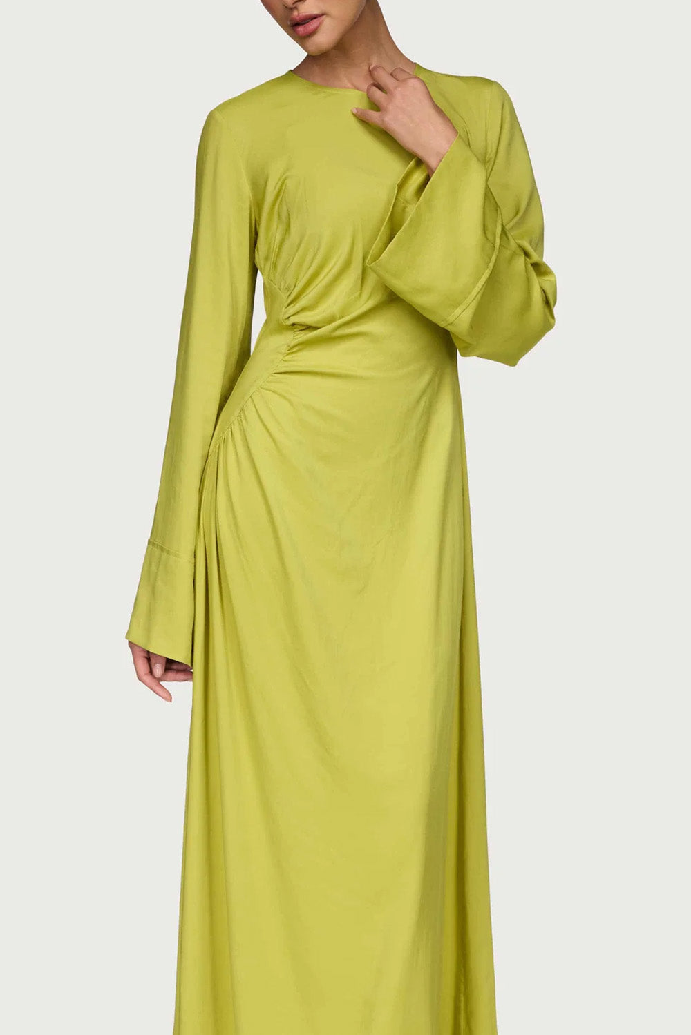 Asymmetric Pleated Floor-length Dress- Pear