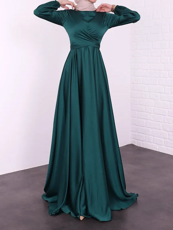 Satin Abaya Crossed Belted Evening Dress - Moss Green